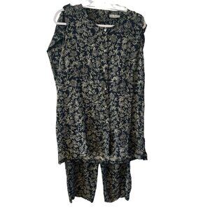 Lord & Taylor Sleeveless top & Pants Set Black Floral L Rayon Button Front Tunic